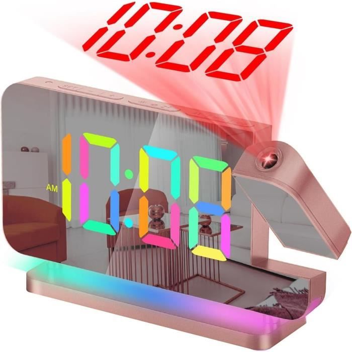 Réveil Projecteur LED - Horloge Numérique Avec Projection Au Plafond, Miroir, Thermomètre Et Hygromètre - Alimentation USB