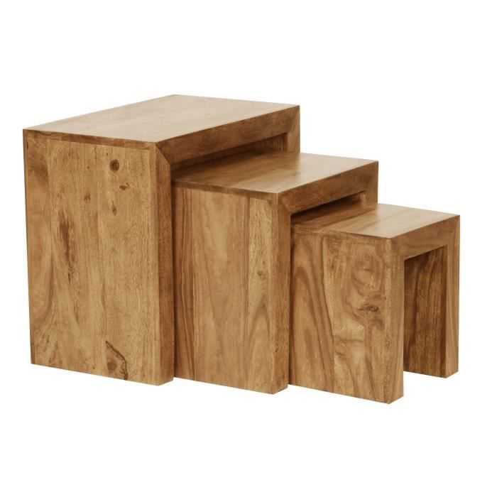 table basse en bois massif wohnling acacia - set de 3 tables gigognes de style campagnard