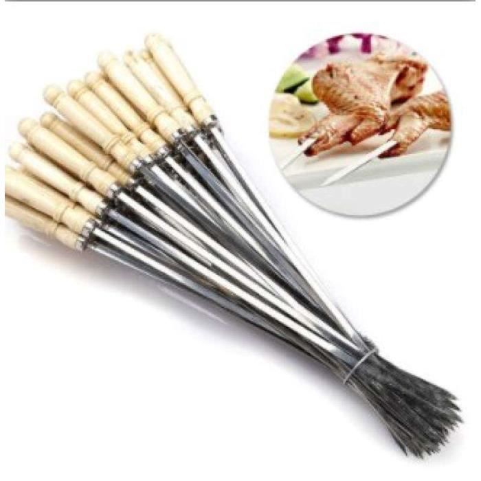 Brochettes Barbecue 46 Cm - Lot De 4 En Acier Inox Avec Manche Bouleau Et Bague Coulissante