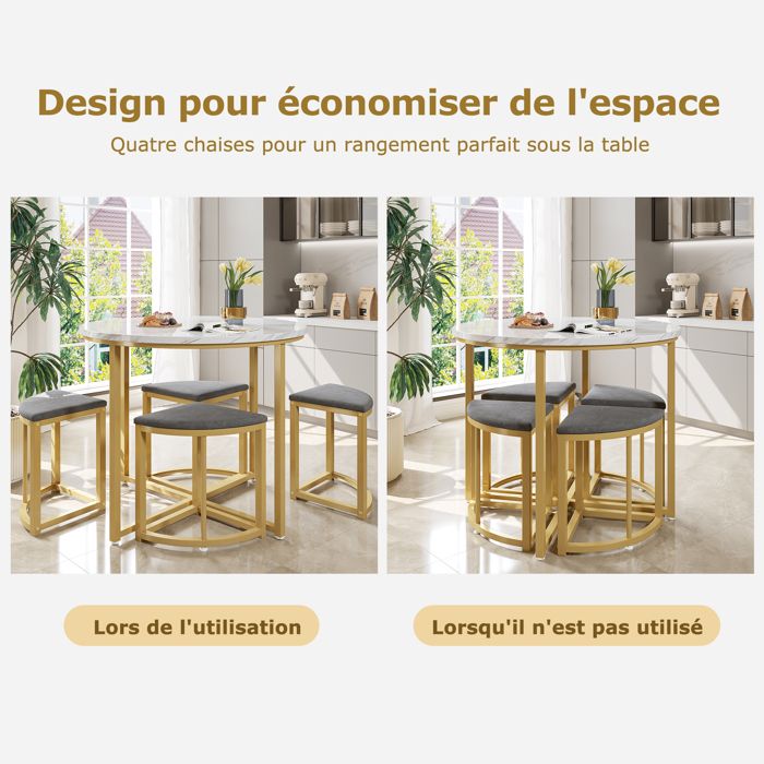 Ensemble Salle à Manger 4 Personnes - Table Ronde 100 Cm + 4 Chaises Rembourrées | Design Moderne Gris Et Marron Clair