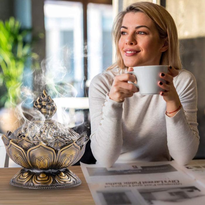 Mini Brûleur D'encens Lotus Bronze En Alliage De Zinc Avec Couvercle, Pot D'encens Pour Charbon, également Pour Bâtonnets D'encens Ou Cônes D'encens Pour Décoration De Maison Et De Bureau, S (Brun