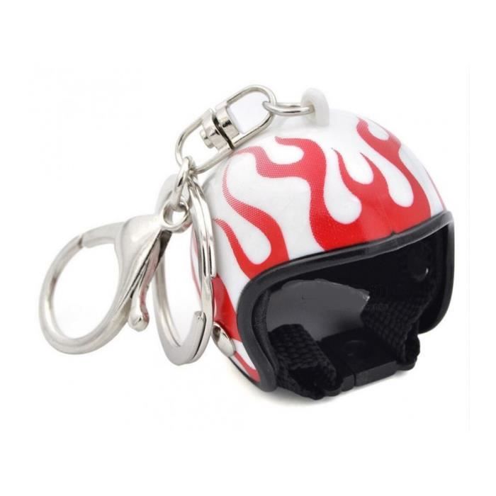 Porte clés casque de moto blanc a flammes rouges 3d motard