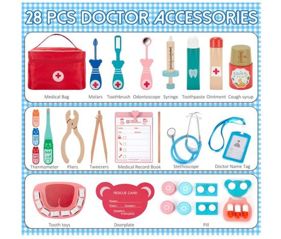 EFO SHM – Mallette Docteur Enfant En Bois – 24 Accessoires, Stéthoscope, Thermomètre, Seringue – Jeu De Rôle 3 Ans+