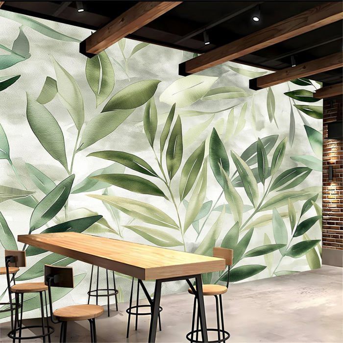 Papier Peint Panoramique 3D Feuilles De Saule Vert Aquarelle 350x256 cm ...