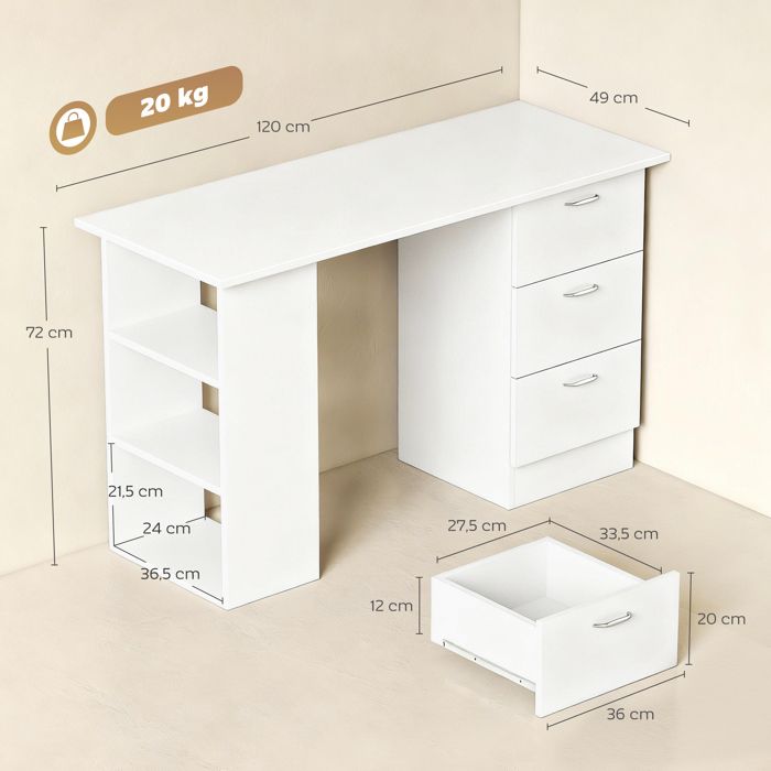 HOMCOM Bureau Ordinateur 120 Cm – Table Multi-Fonctions MDF Blanc Avec 3 Tiroirs Et 2 Étagères Latérales