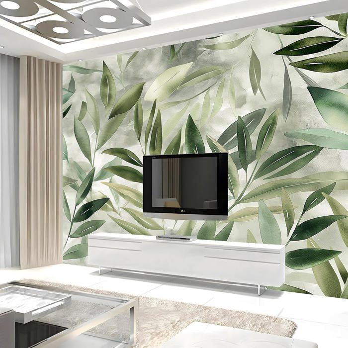 Papier Peint Panoramique 3D Feuilles De Saule Vert Aquarelle 350x256 cm ...