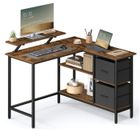 VASAGLE Bureau, Forme en L, avec 2 Tiroirs Spacieux et Support pour Écran, Étagère Réglable, Longueur 115 cm, pour Bureau, Marron Rustique