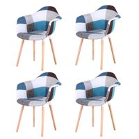 BenyLed Lot de 4 chaises de salle à manger avec revêtement en tissu patchwork, pieds en hêtre massif naturel (BLEU)