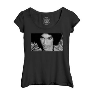 T-SHIRT T-shirt Femme Col Echancré Noir Prince Portrait Noir et Blanc Chanteur Funk Pop Star Celebrite