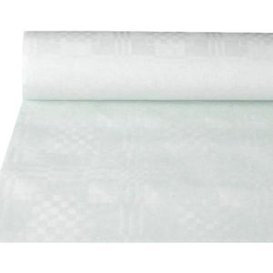 Pro Nappe - Réf R480001I - 1 Nappe jetable papier damassé en rouleau 100 M  de long X 1,20 M de large - Couleur blanche - Papier damassé au motif