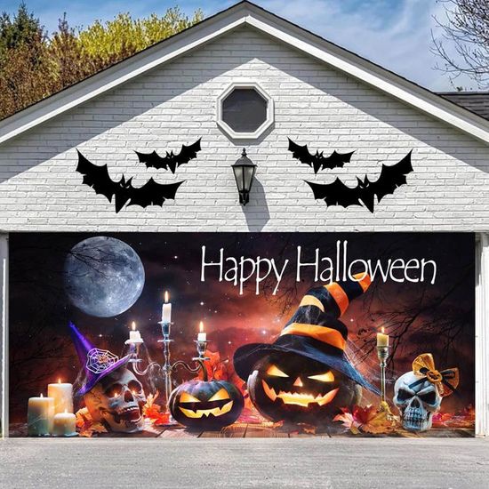 Bannière Porte Garage Halloween 1.8x4m - Toile Fond Citrouille Effrayante, Déco Extérieure/Intérieure Réutilisable