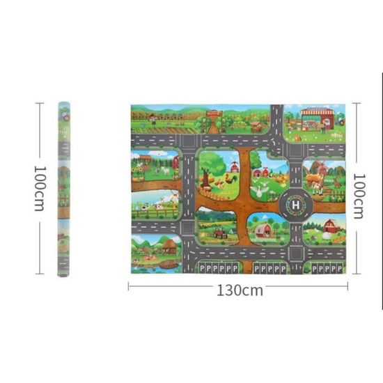 AKUNRUG Tapis De Jeu Pour Enfants 150x100 Cm - Vie De Ferme Et Circulation Routière, Tapis De Ville Éducatif Pour Tout-Petits