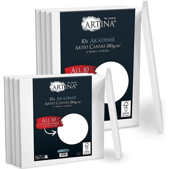 Artina châssis entoilé certifié FSC - Akademie - set de 10 5x 30x40 cm & 5x 20x20 cm - toiles à peindre blanches 100% coton -