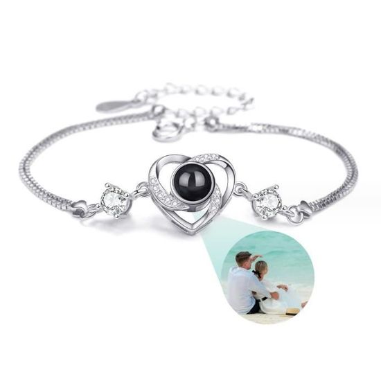 Bracelet Photo Personnalisable - Pierre De Projection - Ajustable 15-26 Cm - Cadeau Pour Couple, Amis, Famille - Mémoire Portable
