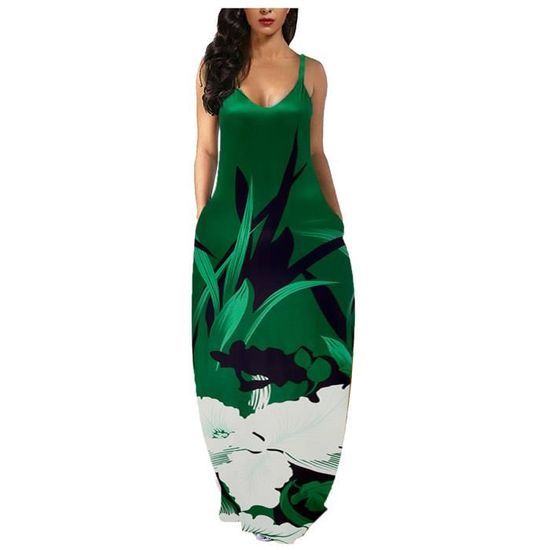 Robe pour femme avec poche décontractée d'été à col en V lâche grande taille longue robe longue Vert