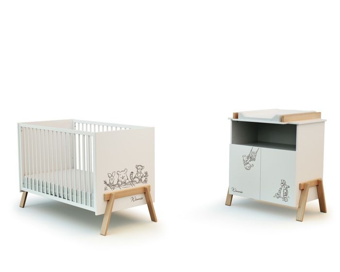 AT4 - Duo Lit Bébé et Meuble CANAILLE Winnie Blanc et Hêtre