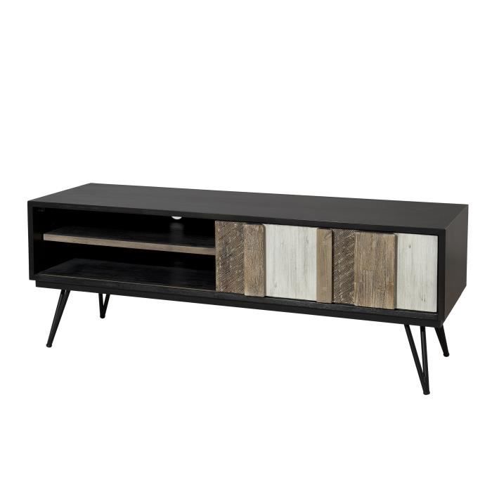Meuble TV scandinave en bois acacia massif multicolore brillant + pieds fifties - L 155 cm