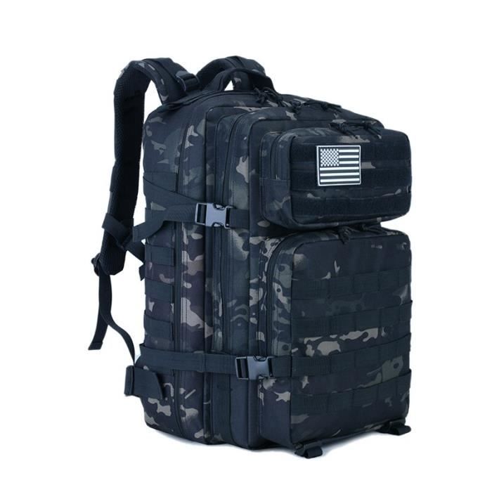 Black cp -Sac à dos tactique militaire Molle d'assaut camouflage 3P EDC, sac noir de 50l pour hommes et femmes, voyage en plein a