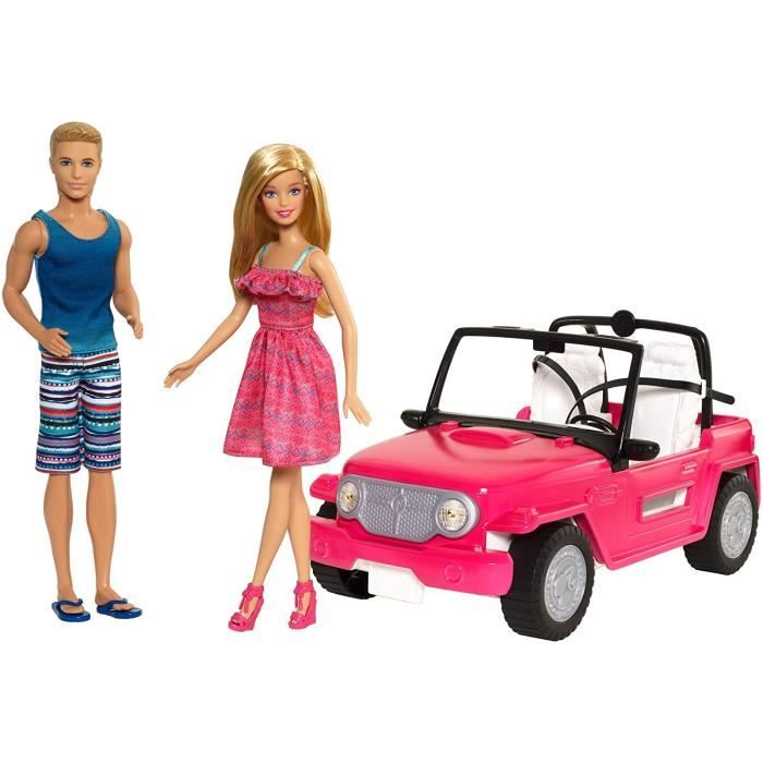Barbie Voiture Beach Cruiser Décapotable de Plage Rose, Poupée Barbie et Ken Incluses, Jouet pour Enfant, CJD12