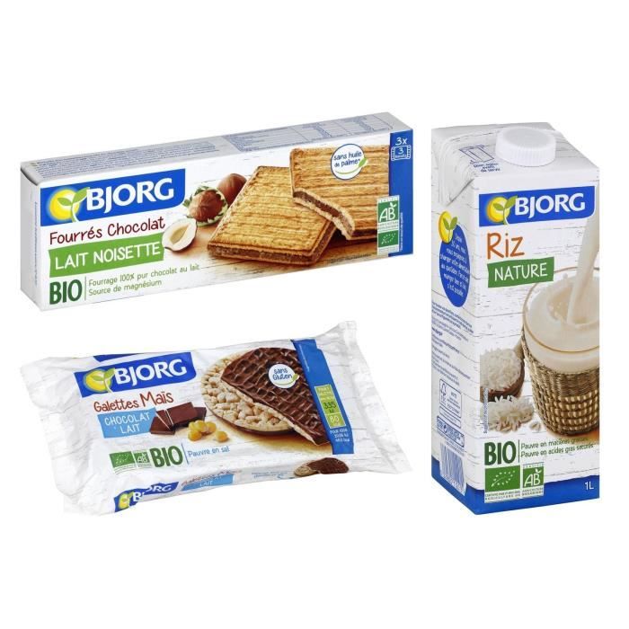 Lot de 3 - 1 BJORG Fourrés de chocolat au lait et noisettes 225g + 1 Boisson riz 1l + 1 Galette de maïs chocolat au lait 100g