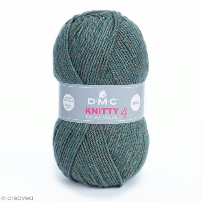 Laine Knitty 4 DMC - 100 g Laine Acrylique Knitty 4, de DMC :Coloris: Vert de gris chiné 904Matière : 100 % acrylique Poids : 100 g
