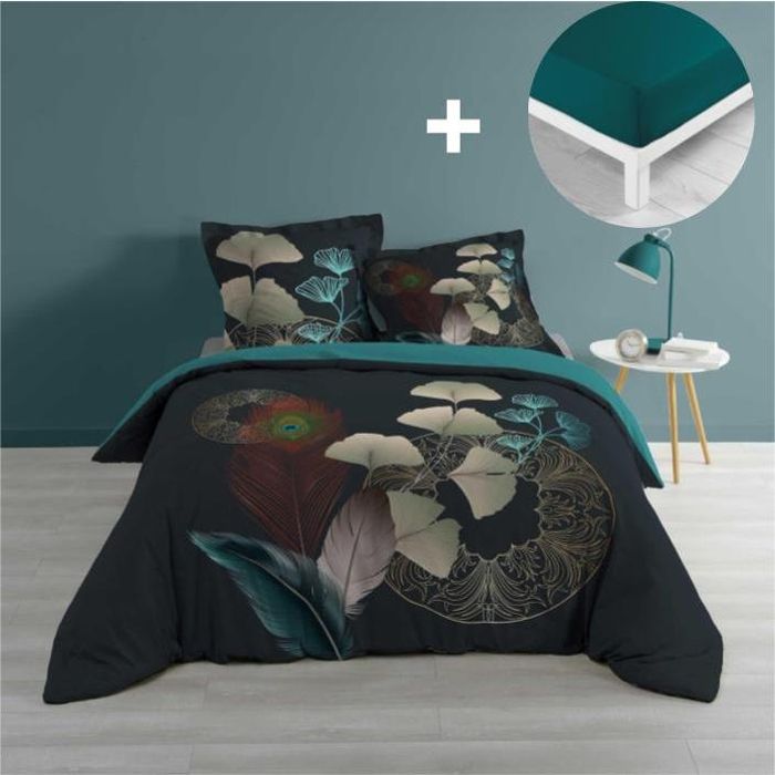 Pack housse de couette 220x240 cm Ginkoblue + drap housse 140x190 Pétrole