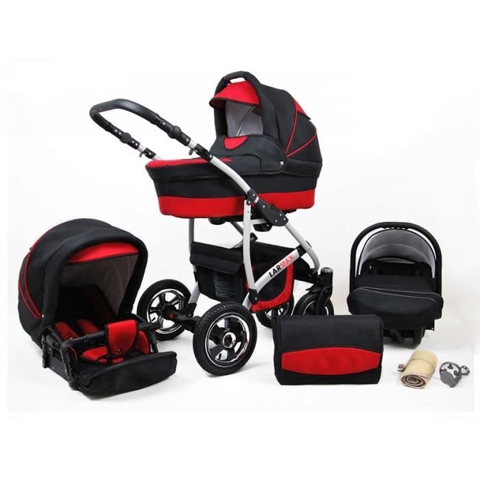 Lux4kids Poussette combinée Landau roues pivotantes Poussette Canne Nacelle Accessoires Larmax noir & rouge 3en1 avec siège bébé
