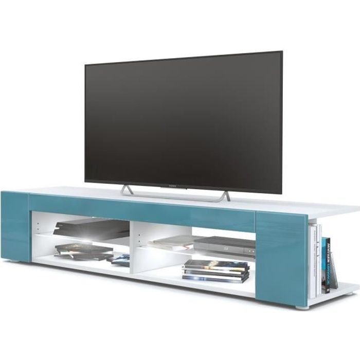 Meuble Tv blanc mat Façades en turquoise laquées led Blanc