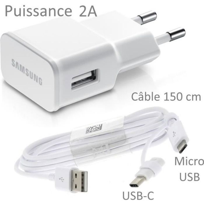 Pour Samsung Galaxy J3 2016 : Chargeur USB Original 2A + Câble Long 150 cm Blanc