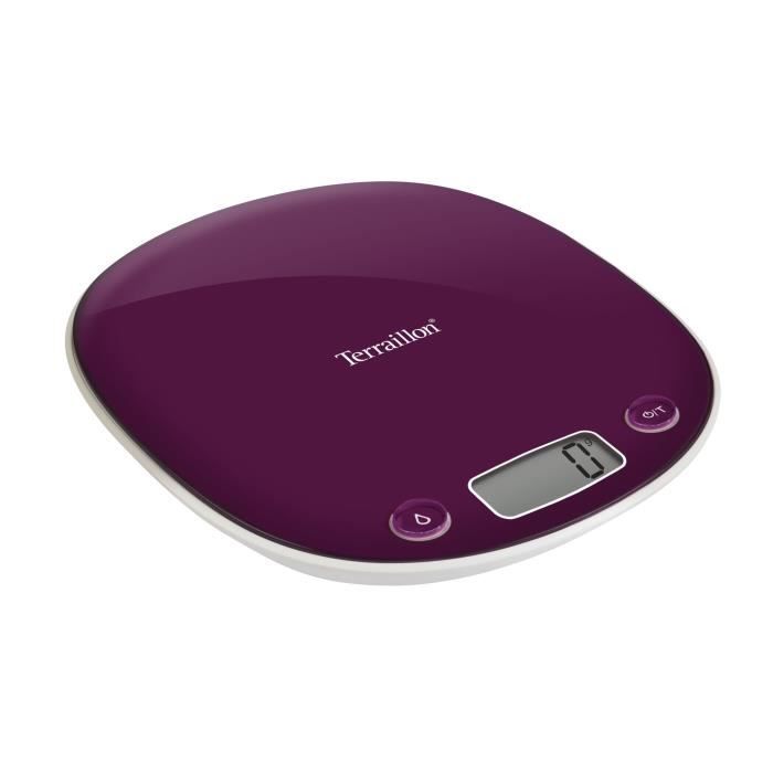 Terraillon Balance de Cuisine, Tare, Conversions Liquides, Poignée intégrée, Portée 5 kg, Macaron, Prune