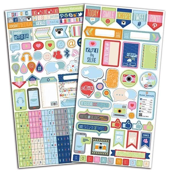 Set de 2 planches de stickers fantaisie sur le thème des réseaux sociaux. 330 stickers. Dimensions d'une planche : 15 x 30 cm. Sa...