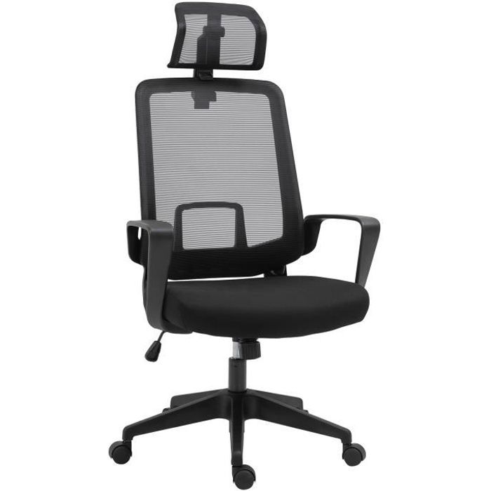 Fauteuil de bureau manager grand confort dossier ergonomique hauteur assise réglable appui-tête tissu maille noir 63x63x125cm Noir
