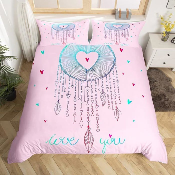 Parure attrape-rve fille rose parure de lit motif amour 220x240
