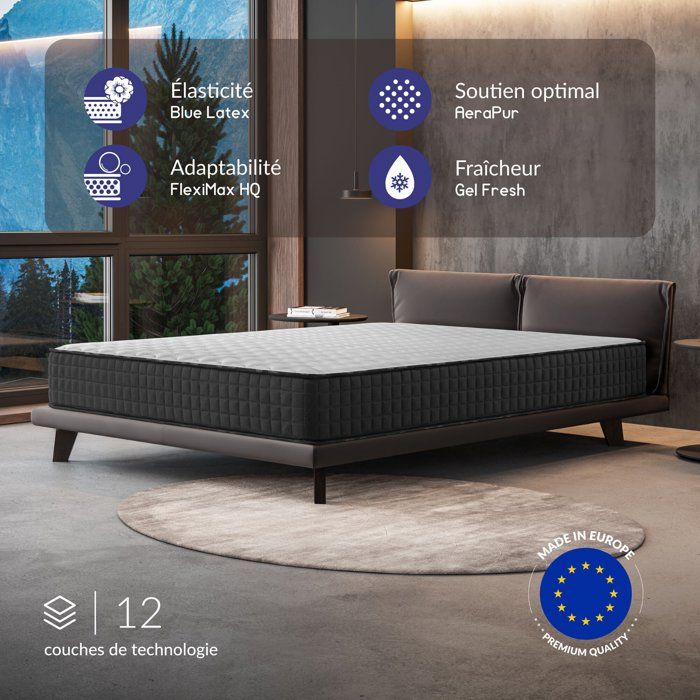 Matelas Titanium 140x190 cm - Épais 26 cm - Mousse mémoire de forme HR Blue Latex Hypoallergénique - Face été/hiver Matelas Titanium 140x190 cm - Épais 26 cm - Mousse mémoire de forme HR Blue Latex Hypoallergénique - Face été/hiver