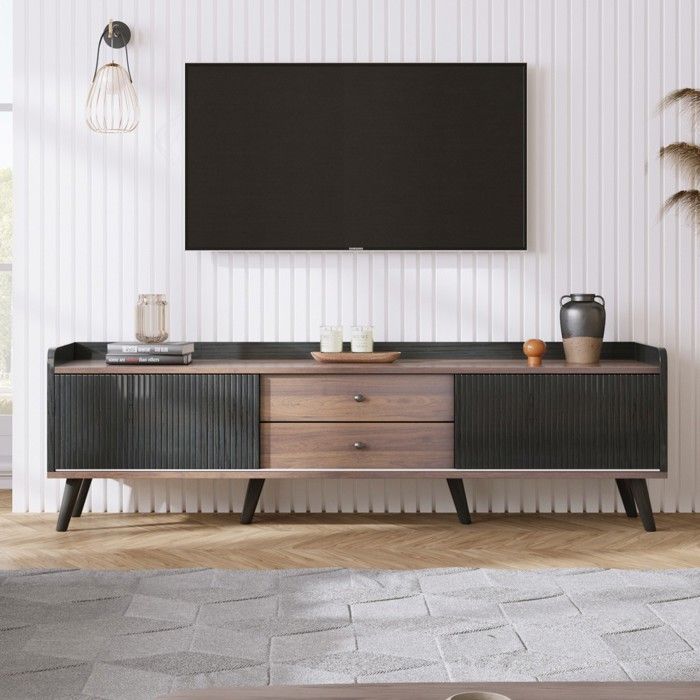 Meuble TV 2 Tiroirs & 2 Portes Coulissantes - Laque Bois Noir Naturel - Plateau TV Bas - 58 X 160 X 40cm - Design Moderne