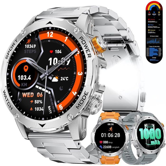 Montre connectée sport - SPIELSTABIL - MON165 - Écran 1 75 pouces HD - Batterie 1000 mAh - Lampe torche LED