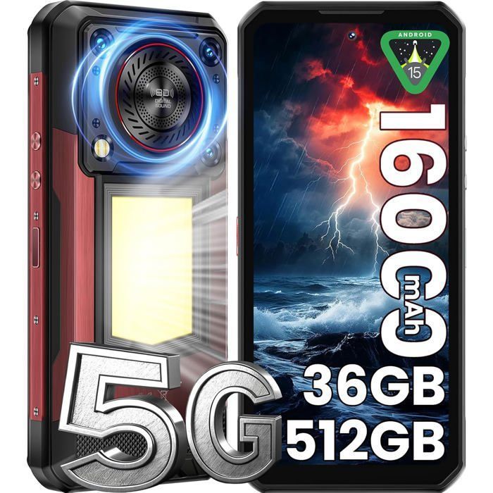 OUKITEL WP56 5G Smartphone Robuste - 36Go + 512Go - 16000mAh - 68” - 108MP - Android 15 - 128dB Haut-Parleur - Rouge