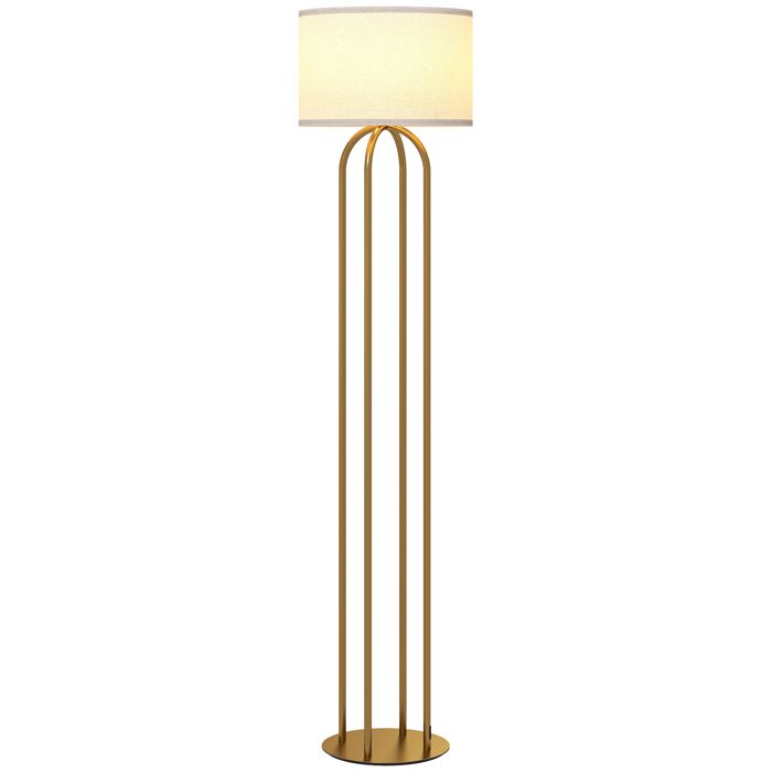 Lampadaire sur pied de salon - HOMCOM - abat-jour en lin et interrupteur à pied - métal - Ø 38 x 161 cm - doré et beige