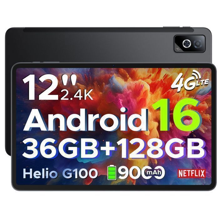 DOOGEE Tab G6 Pro Tablette Tactile Android 162.4K90Hz12Helio G10036GB+128GB4G WiFi9000mAhDouble Haut-Parleurs - Noir