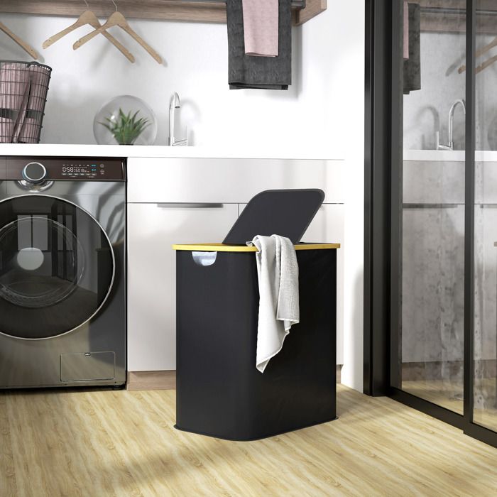 Panier à linge double pliable 80 L corbeille à linge sale avec couvercle poignées rainurées noir
