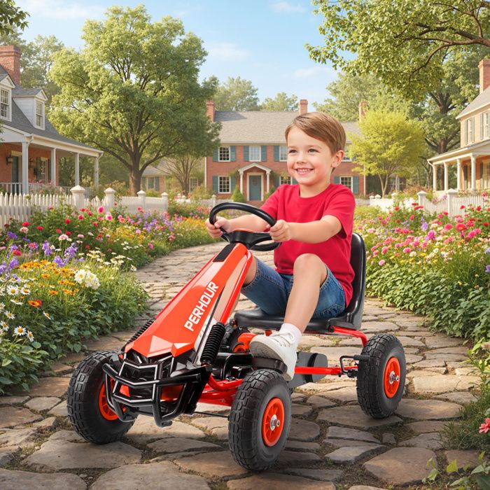 AIYAPLAY Kart à Pédales Pour Enfants 3-8 Ans – Siège Réglable, Pneus EVA, Frein Et Embrayage Manuels – Go-Kart Noir