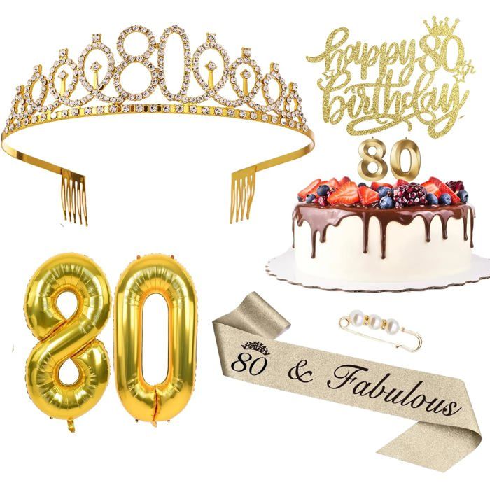Décoration Pour 80E Anniversaire Femme Couronne Et Écharpe Happy Birthday Décoration De Gâteau Et Bougies Ballon En