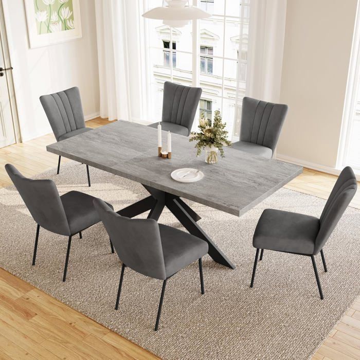 JIEXI Ensembles de salle à manger pour 4 à 6 personnes table à rallonges (table 130-170 cm + 6 chaises supplémentaires grises)
