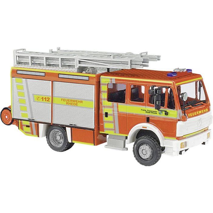 Camion de pompiers miniature H0 - Busch - Échelle 1:87 - Rouge-blanc - Lumières bleues - Détails réalistes