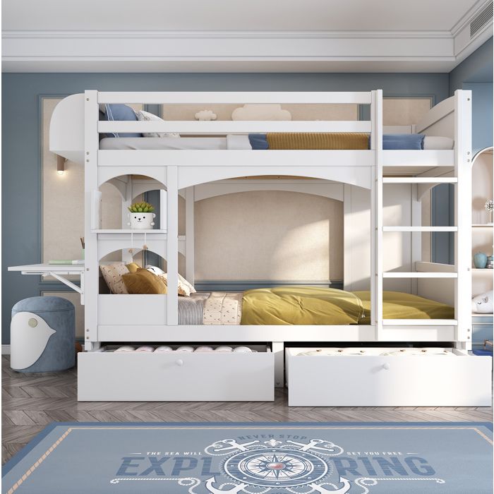 Lit superposé enfant blanc en bois massif avec bureau rabattable étagères et tiroirs