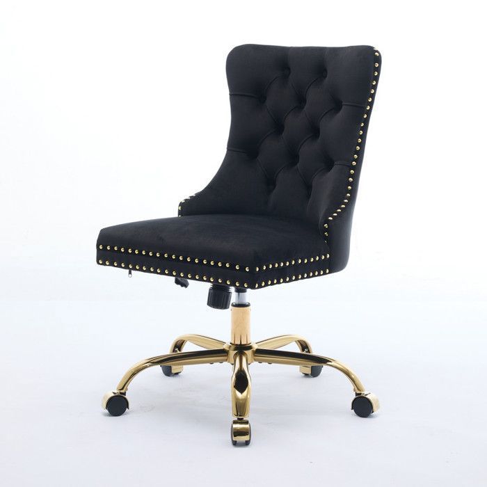 Fauteuil de bureau BELLEMAVE moderne en velours base métallique dorée réglable et pivotant - Noir