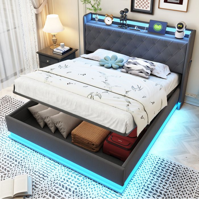Lit coffre capitonné LED 140 x 200 cm avec USB et rangement hydraulique gris