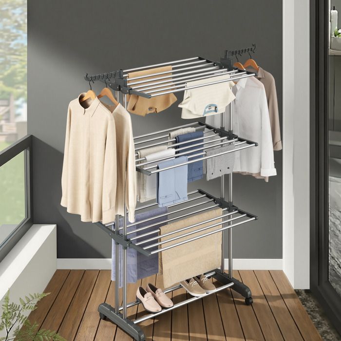 Étendoir à Linge à 4 Niveaux Séchoir Pliable à Roulettes 635 x 128 x 173 cm Gris