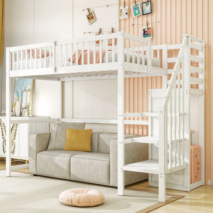 Lit enfant surélevé 90 × 200 cm blanc en bois avec escalier et placard