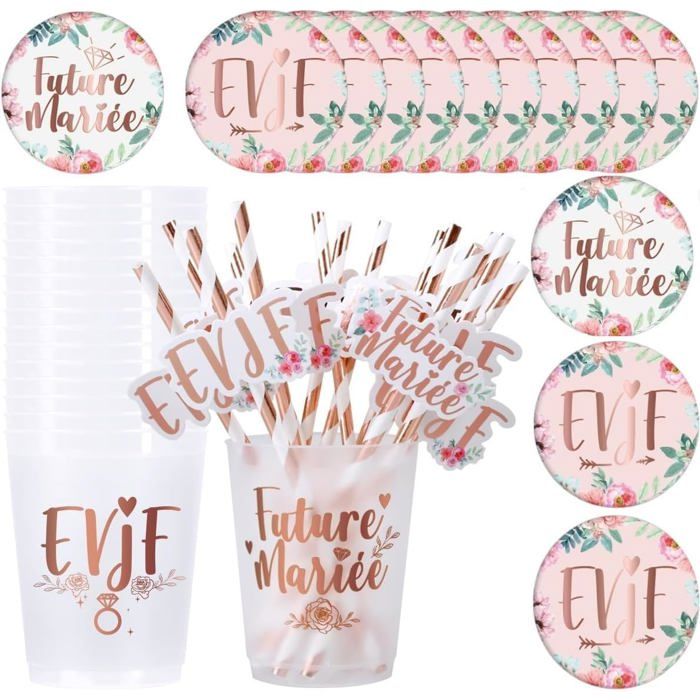Kit Accessoires EVJF 1+14 Pièces : Gobelet Badges et Tasse à Paille - Décoration pour Future Mariée et Team Bride